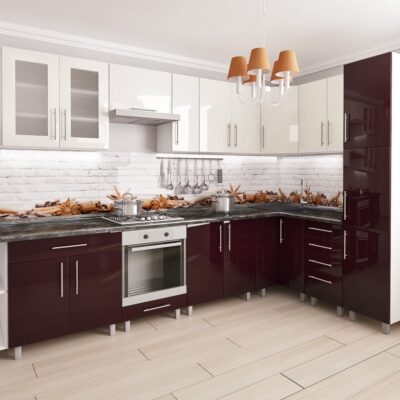 Bucatarie modulara de colt 3.4×1.7 m Bianco/Bordo