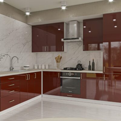 Bucătărie modulara Imperial cu fațadă MDF Lucios Bordo 3.0×2.10 m